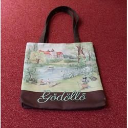Textile bag, with an illustration of the Royal Palace of Gödöllő and the swan-ponds