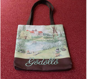 Textile bag, with an illustration of the Royal Palace of Gödöllő and the swan-ponds