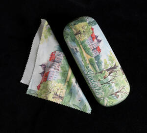 Glasses case with glasses cloth decorated with an illustration of the Royal Palace of Gödöllő and Swan Lake