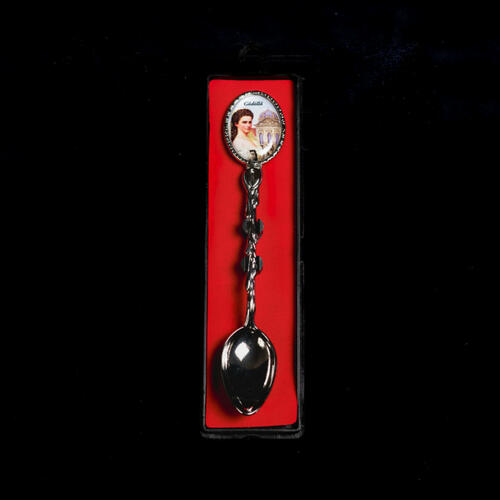 Silver-plated teaspoon with a picture of Sisi and the royal Palace of Gödöllő